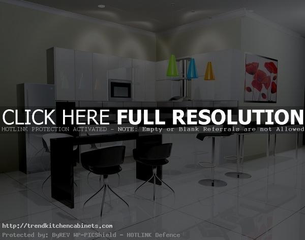 Glossy Black and White Kitchen Decorating Ideas With Black Kitchen Countertops and Glossy White Kitchen Cabinets